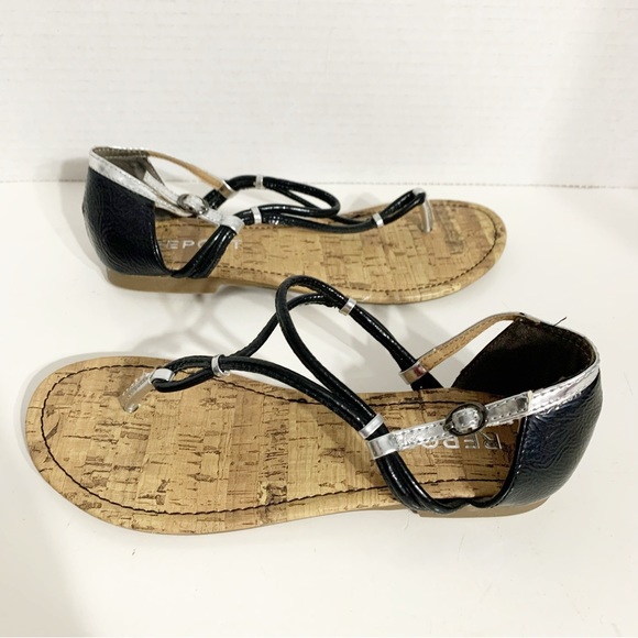 Report Cinda Faux Leather Faux Cork Thong Sandals Heel Back Adjust Ankle Straps - Picture 4 of 8